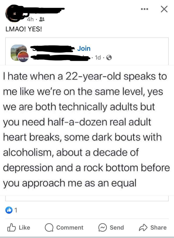 A social media post sharing unhinged thoughts about a 22-year-old speaking as an equal, listing life experiences needed for true adulthood.