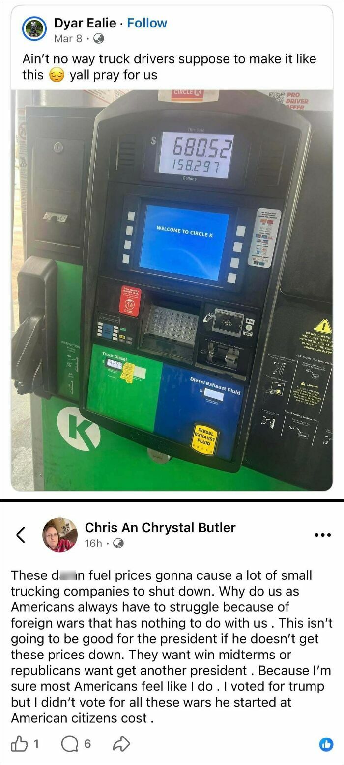 A gas pump shows high fuel prices, with a user commenting on the hypocrisy of foreign wars impacting American citizens.