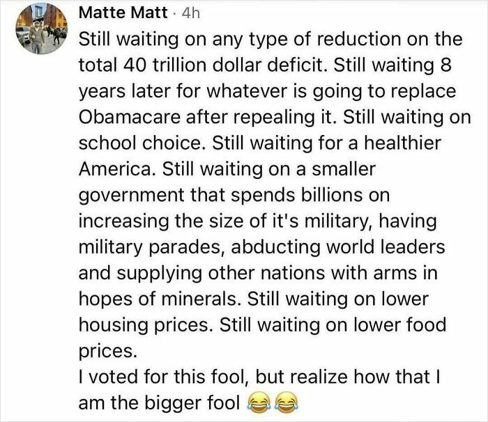 A user expresses regret, highlighting the hypocrisy of unfulfilled promises after voting for a candidate.