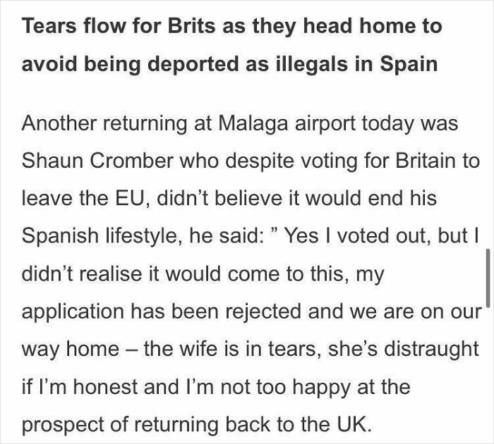 A news article headline about Britons avoiding deportation in Spain, showcasing hypocrisy.