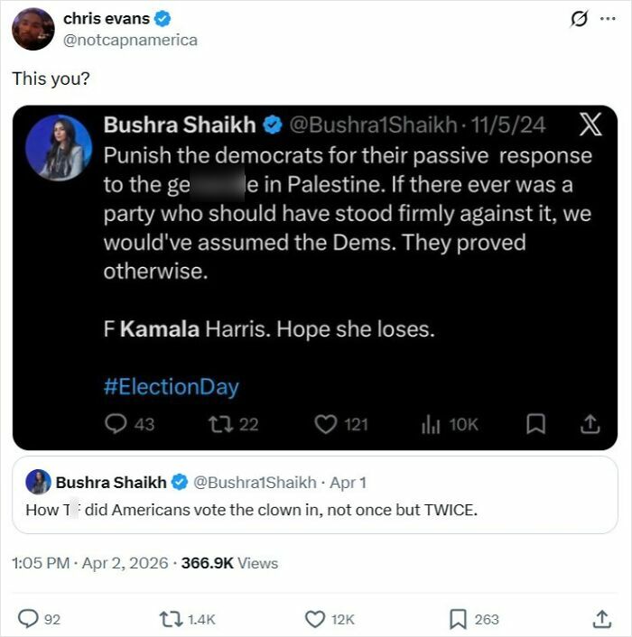 A social media post from Chris Evans, showcasing Bushra Shaikh's contradictory posts, an example of hypocrisy biting someone.