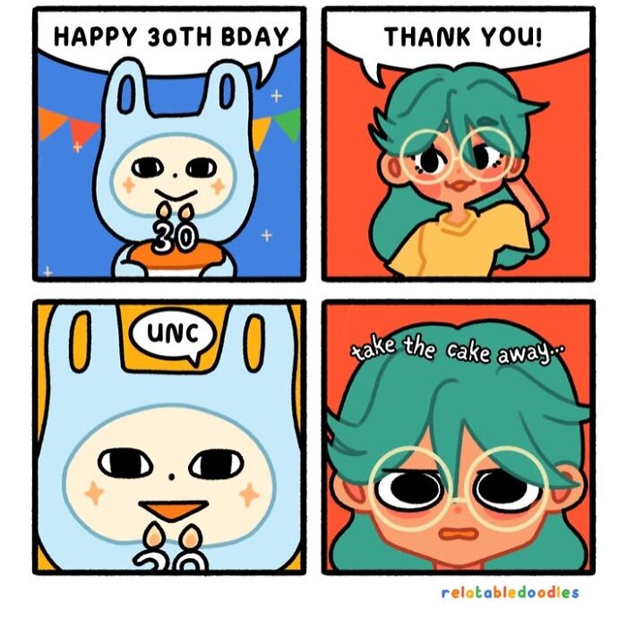 Artist creates comics about everyday life, depicting a girl receiving a 30th birthday wish, then looking unhappy about her age.