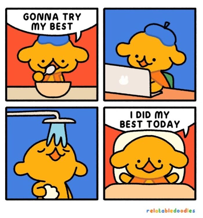 Artist creates comics about everyday life, showing an orange dog-like character doing its best from morning breakfast to bedtime.