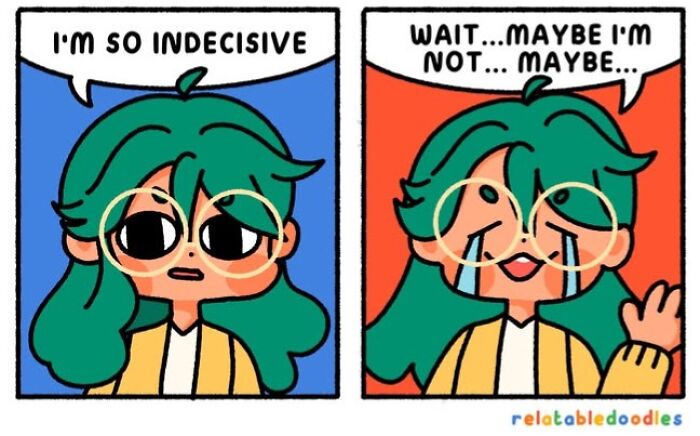 Artist creates comics about everyday life, showing a girl with green hair indecisive, then crying, not sure about her feelings.