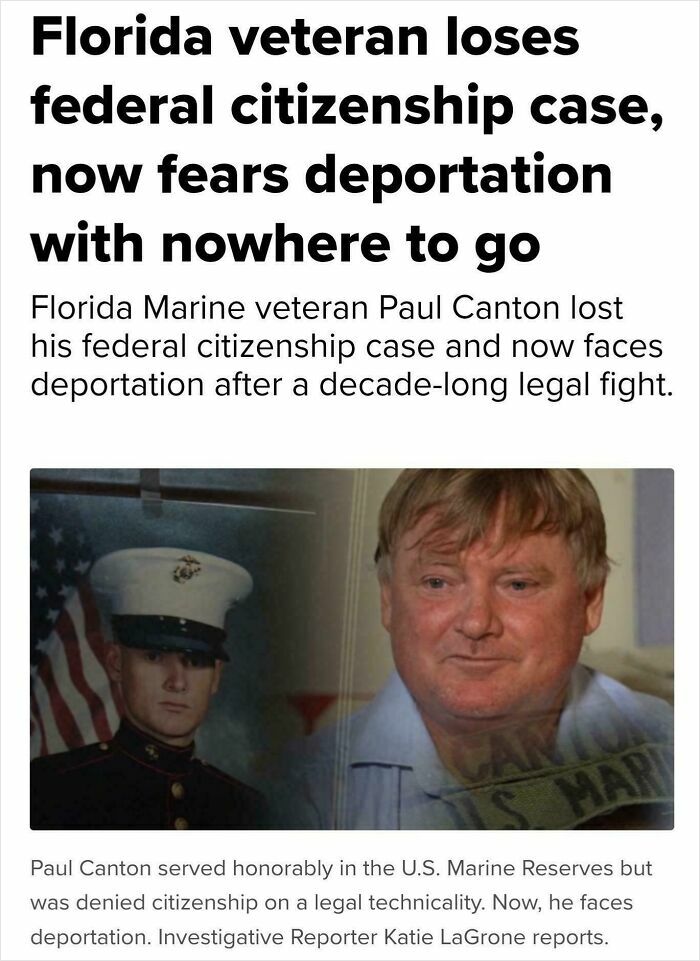 Article about a Florida veteran facing deportation due to a federal citizenship case, highlighting hypocrisy.