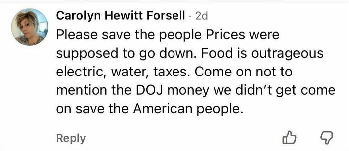 A Facebook comment by Carolyn Hewitt Forsell lamenting rising prices and taxes, illustrating political hypocrisy.