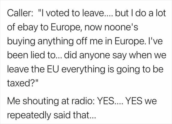 A Reddit post about someone regretting their Brexit vote due to new taxes, highlighting political hypocrisy.