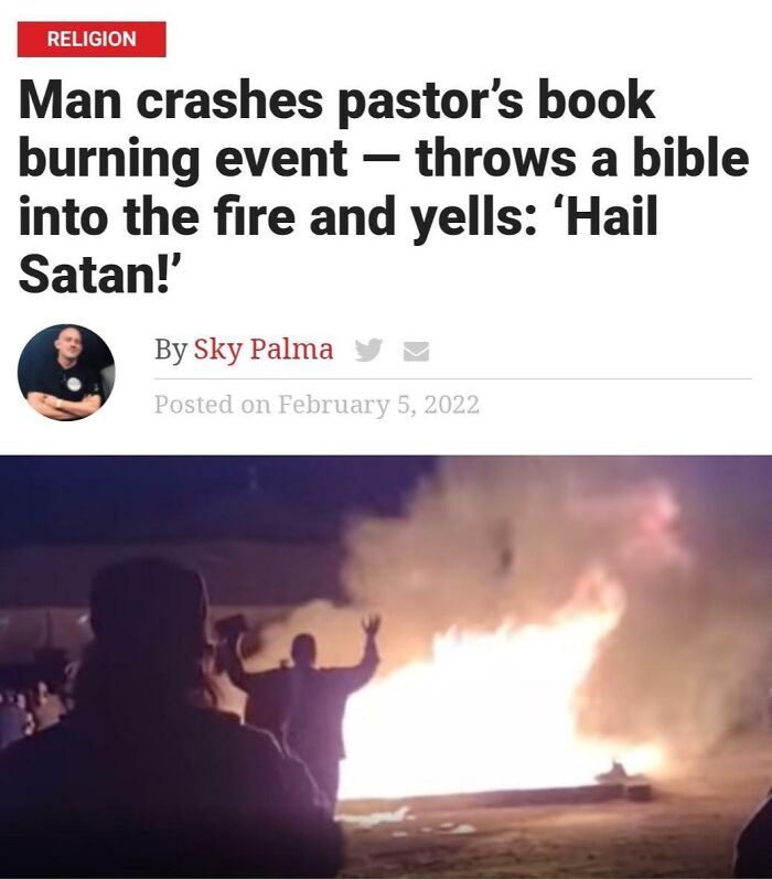 A news article about a man crashing a pastor's book burning event, demonstrating hypocrisy.