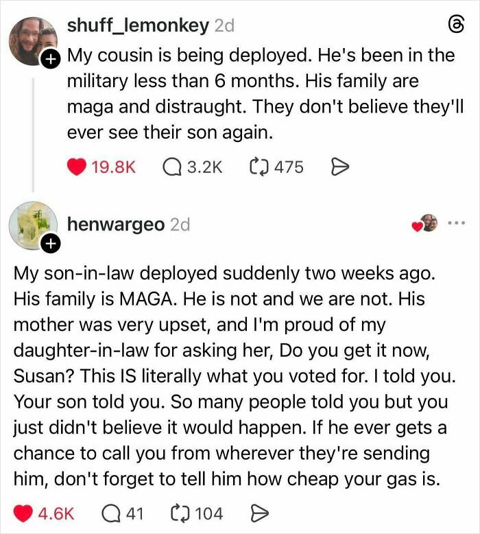 Two tweets detailing how military deployments and hypocrisy affect families, showcasing personal impacts.