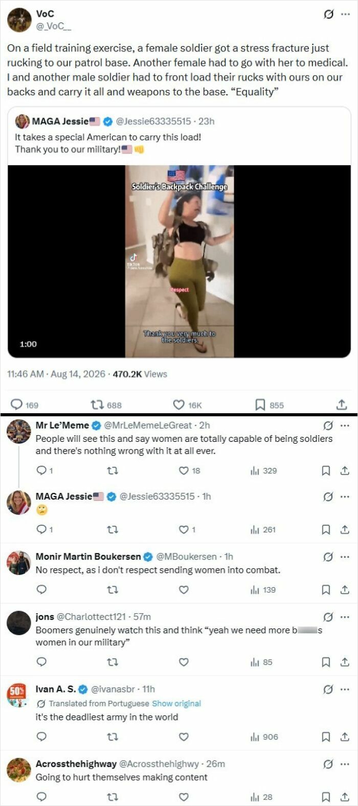A tweet on leopards eating faces, showing a female soldier doing a 'Backpack Challenge' in a military context, sparking hypocrisy debate.