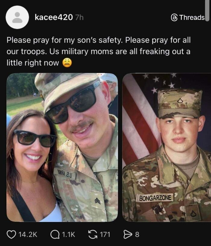 A Threads post by kacee420 showing two images of her son in military uniform, expressing concern and praying for his safety, highlighting hypocrisy.