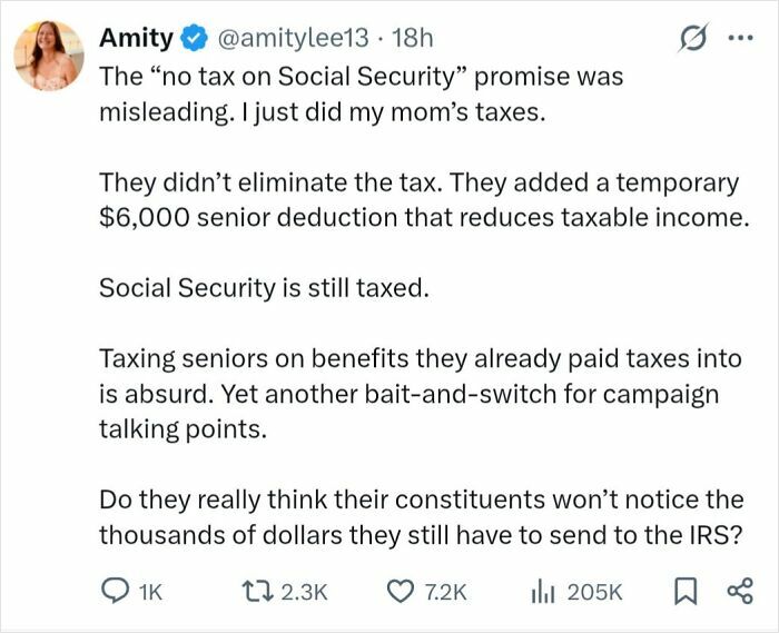 Tweet by Amity criticizing misleading tax promises and hypocrisy impacting Social Security benefits.