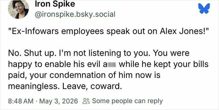 A social media post criticizing the hypocrisy of ex-Infowars employees speaking out against Alex Jones.