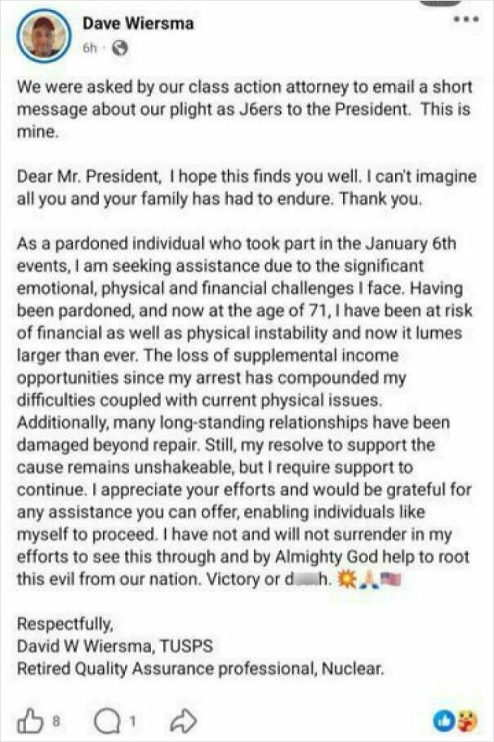 A letter from a J6er to the President, seeking assistance, reflecting on personal consequences and perceived hypocrisy.