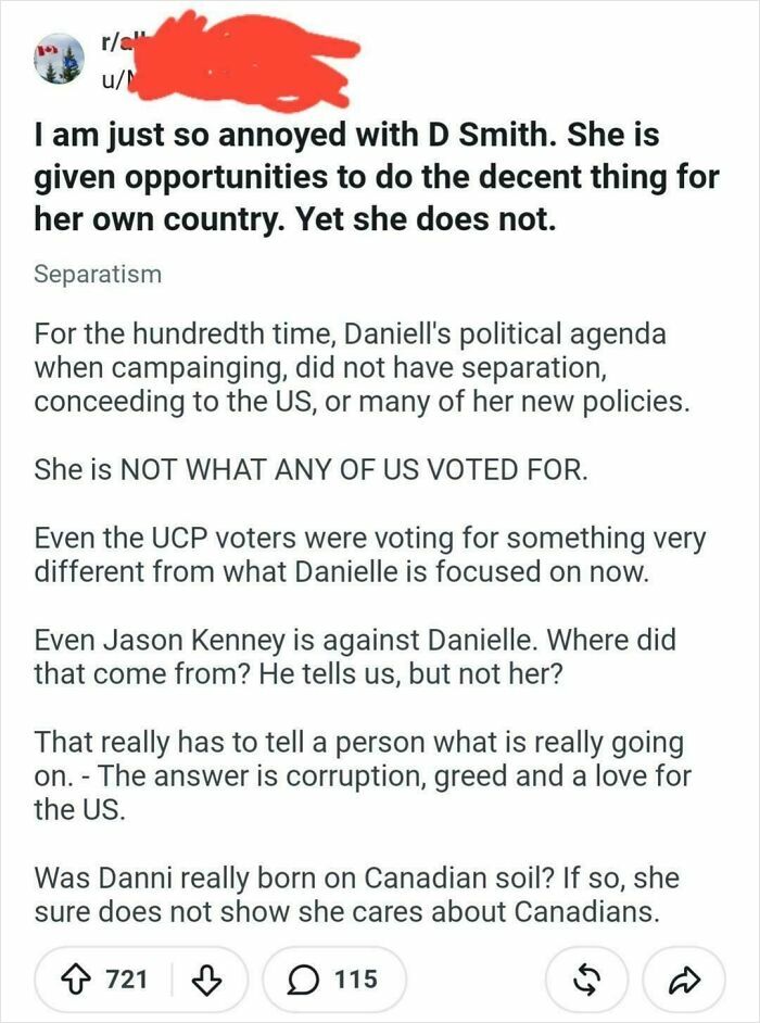 A Reddit post criticizing D. Smith for not doing what's best for her country, highlighting political hypocrisy and broken promises.