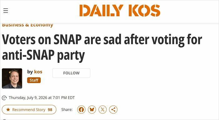 Daily Kos headline: Voters on SNAP are sad after voting for anti-SNAP party, highlighting political hypocrisy.