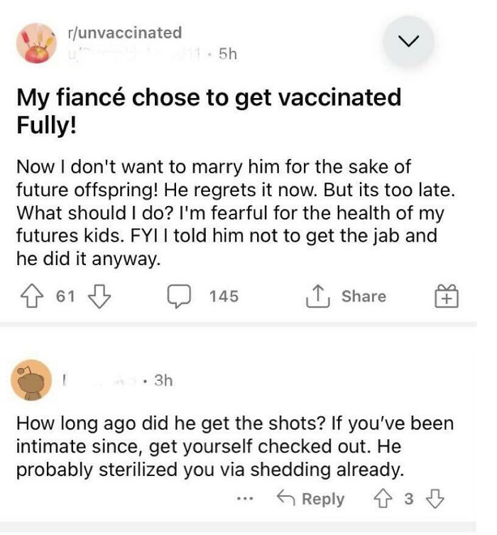 Reddit post with unhinged thoughts about a vaccinated fiancé.