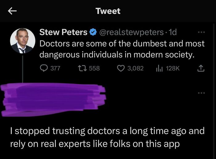 Stew Peters tweet sharing unhinged thoughts about doctors.