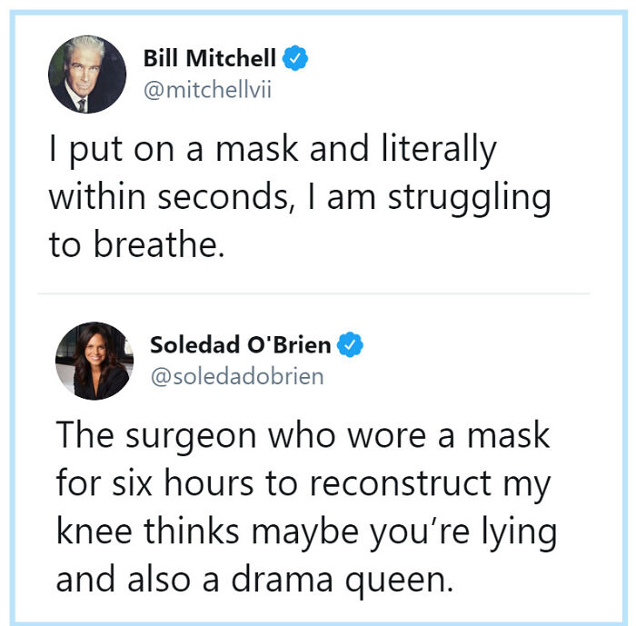 Two social media posts from Bill Mitchell and Soledad O'Brien, showcasing unhinged thoughts about masks.