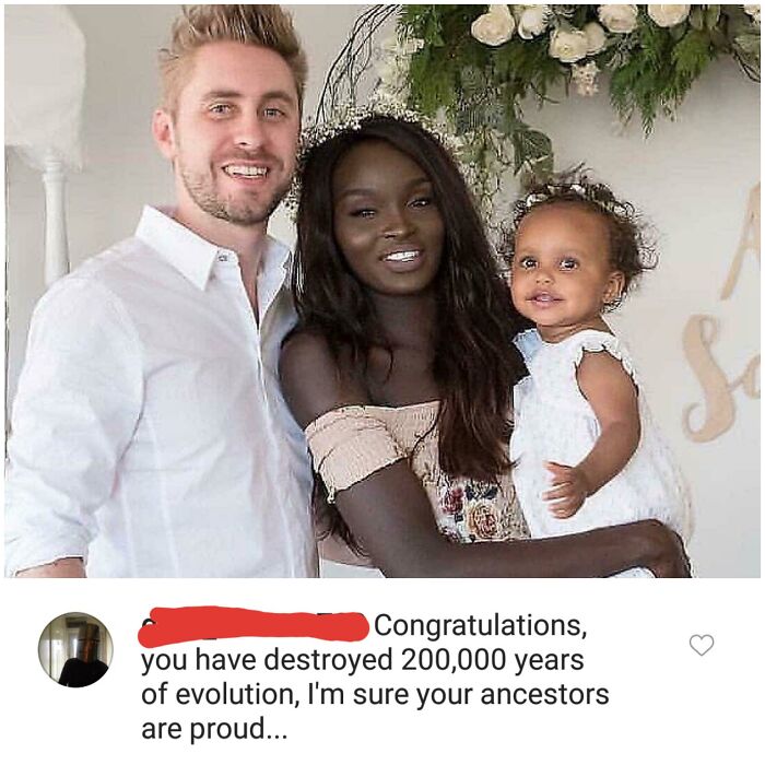 A social media post with a photo of a mixed-race family, sparking unhinged thoughts on social media.