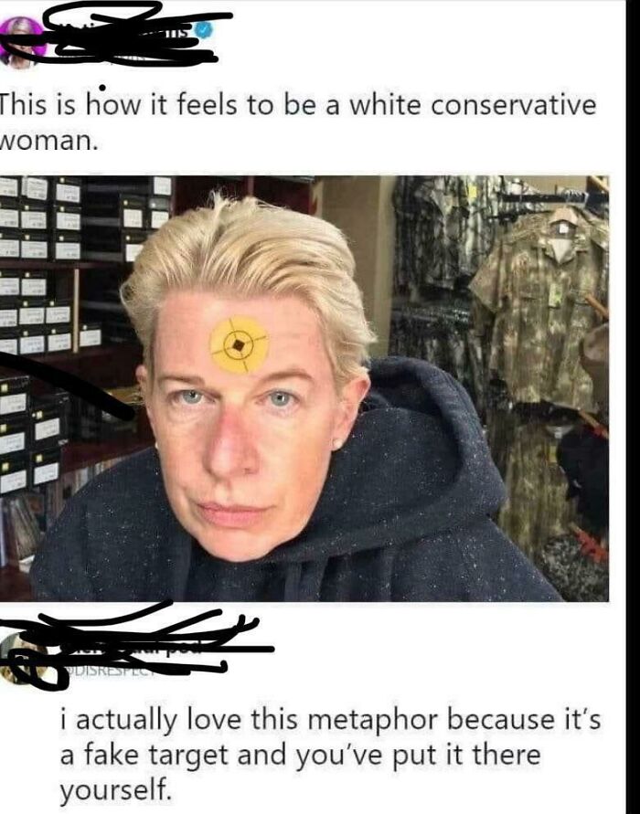 A social media post featuring a woman with a target on her forehead, part of unhinged thoughts on social media.