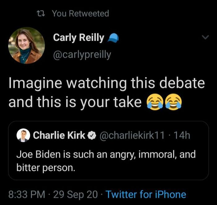 Screenshot of an unhinged social media post where one user reacts to another's comment about Joe Biden.