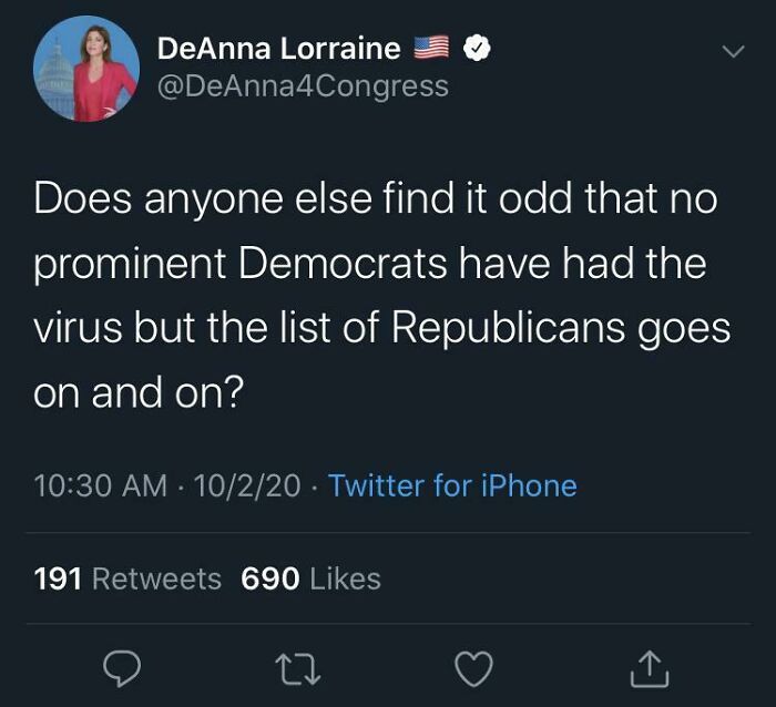 Screenshot of an unhinged social media post questioning why no prominent Democrats got a certain virus.