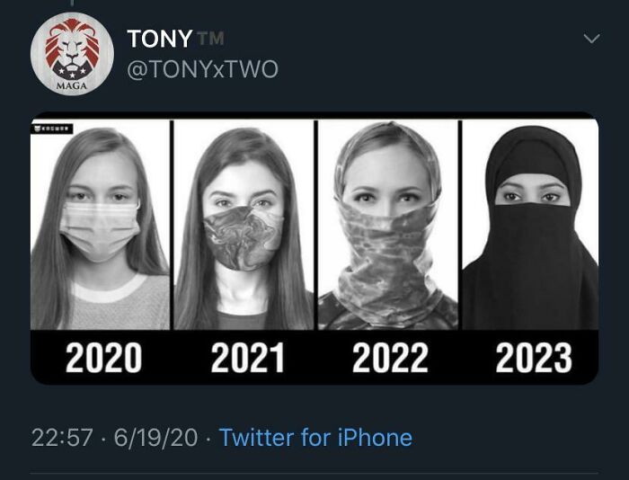 Unhinged social media post showing four images of women wearing different face coverings from 2020-2023.