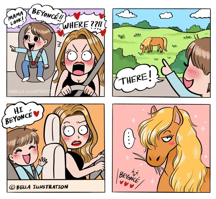 A humorous comic by Bella Maris about a parent and child on a road trip, with the child naming a horse Beyonce.