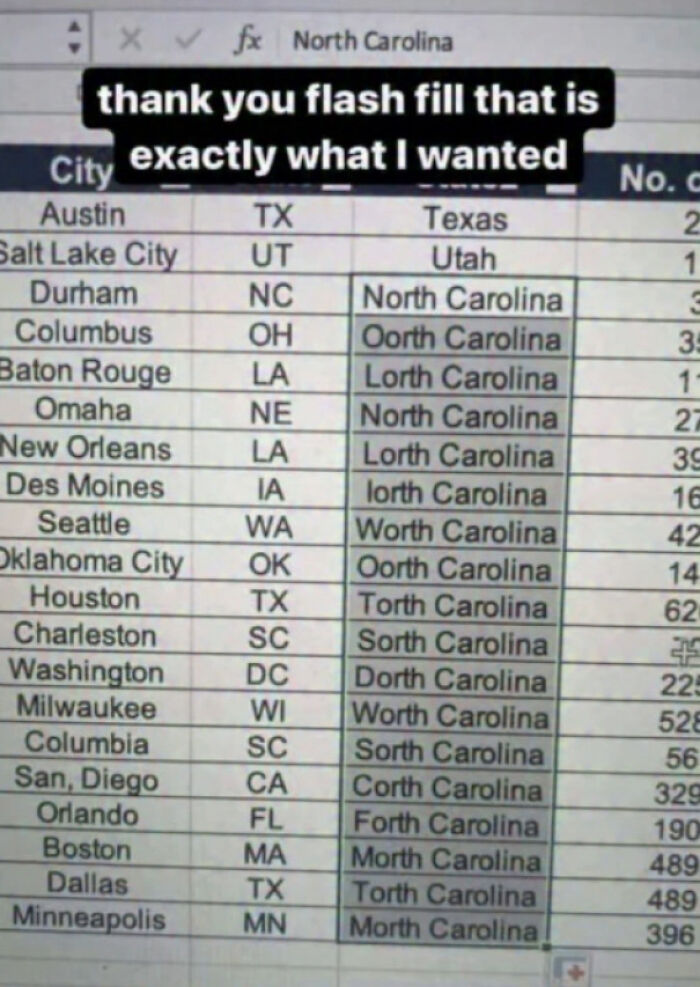 A spreadsheet screenshot showing Excel's Flash Fill feature incorrectly filling 'North Carolina' as 'Oorth Carolina', 'Lorth Carolina', etc., highlighting online lies.