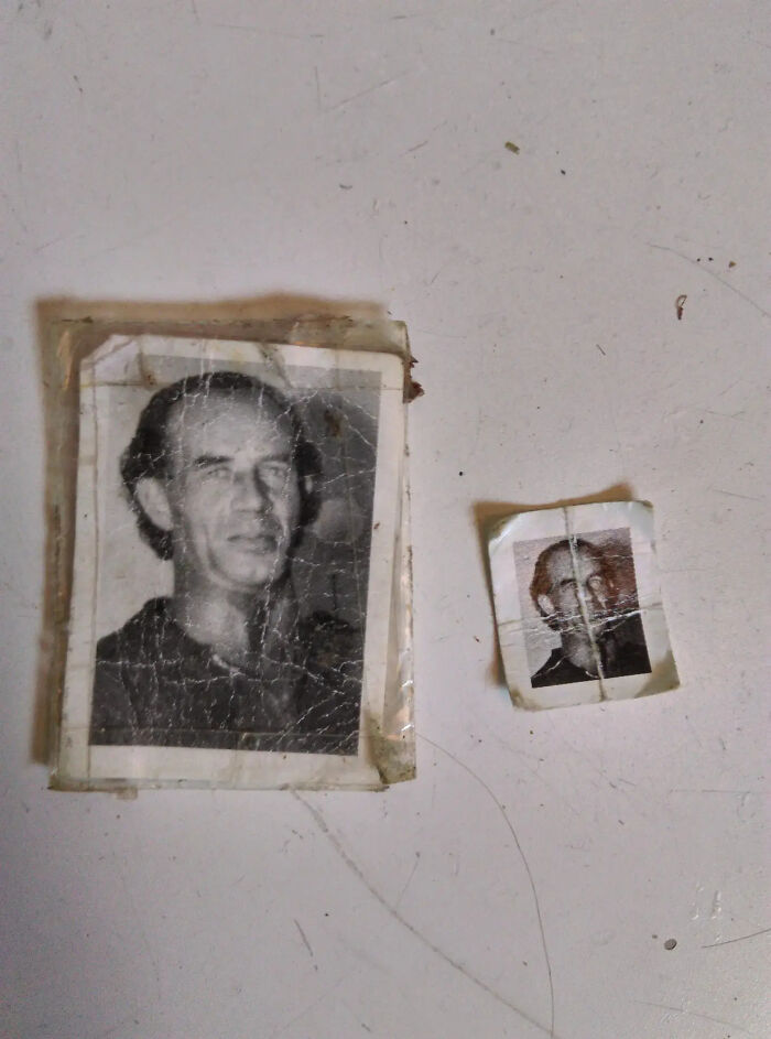 Two old, faded black and white photographs of a man on a white surface, telling stories that swear are 100% true.