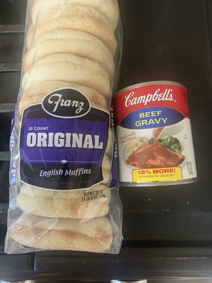 A humorous and mischievous combination of English muffins and beef gravy, perhaps a kids unusual meal choice.