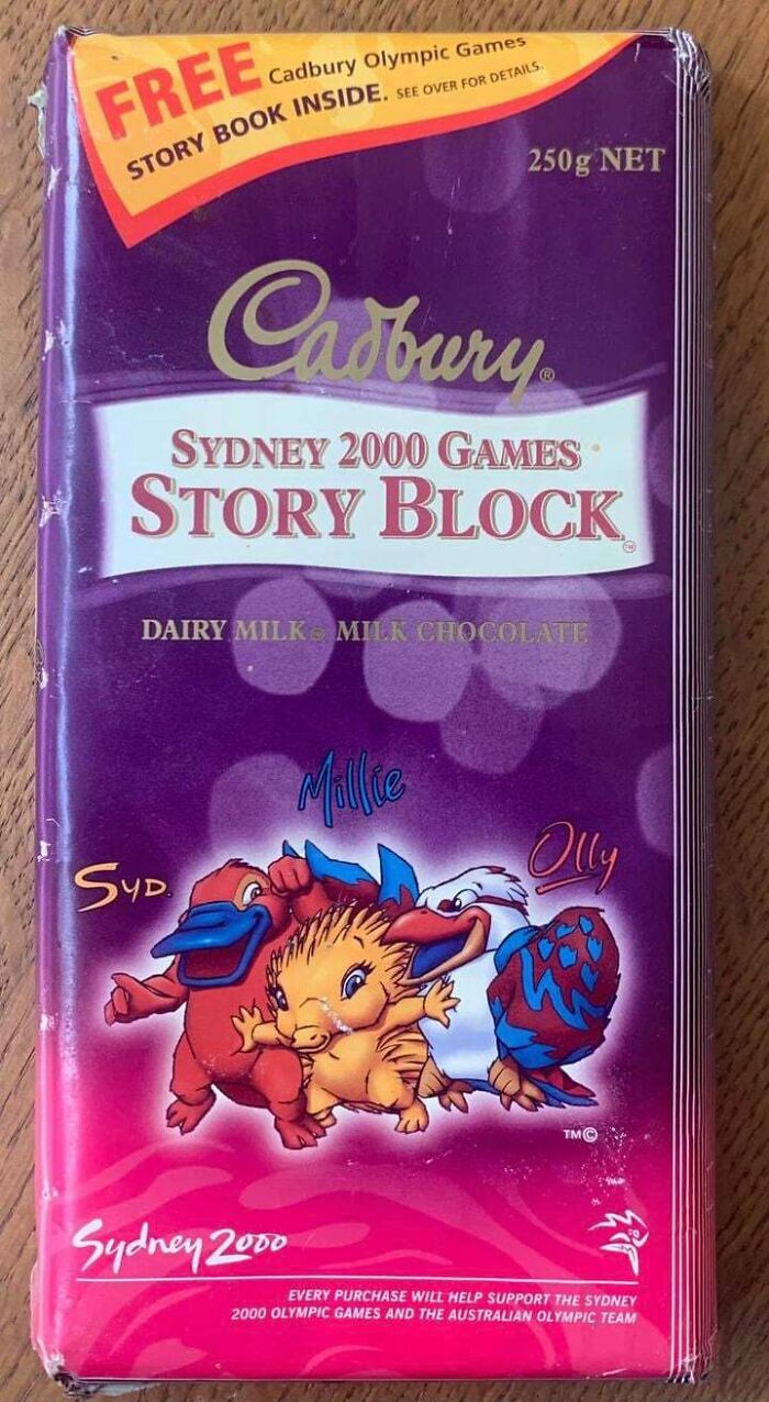 A Cadbury Sydney 2000 Games Story Block chocolate bar, a nostalgic Aussie memory.