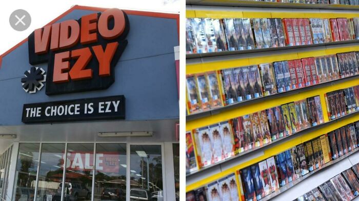 The exterior of a Video Ezy store next to shelves filled with VHS tapes, nostalgic Aussie memories of renting movies.