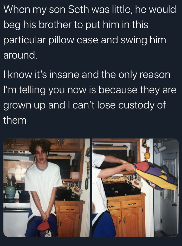 A two-panel image shows a young boy and another person swinging him in a pillowcase, capturing hilarious mischievous kids.