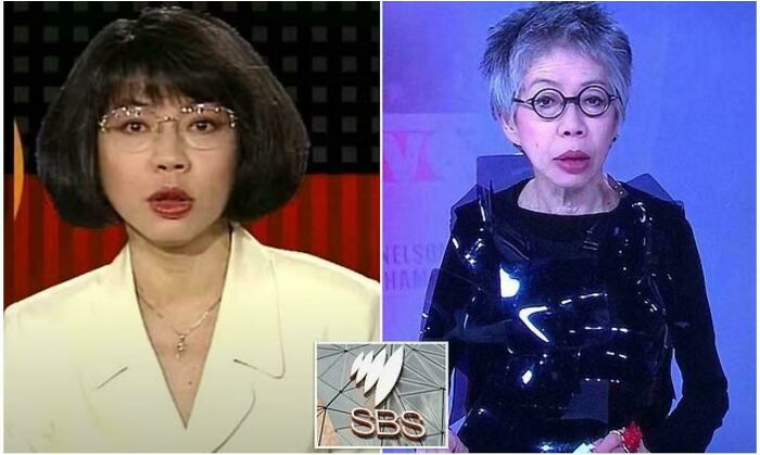 A split image showing a woman in a white suit with short dark hair and glasses next to her older self with short gray hair and circular glasses. Both are news anchors, representing Aussie memories.