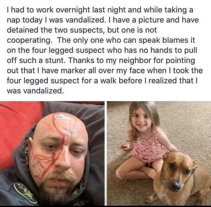 A split image shows a man with a drawn face and a smiling child with a dog, highlighting hilarious and mischievous kids.