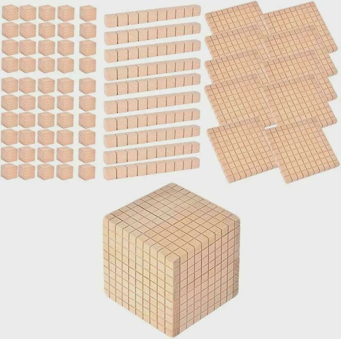 A collection of wooden math blocks, including small cubes, rods, and flats, and a large cube at the bottom, representing nostalgic Aussie memories from school.
