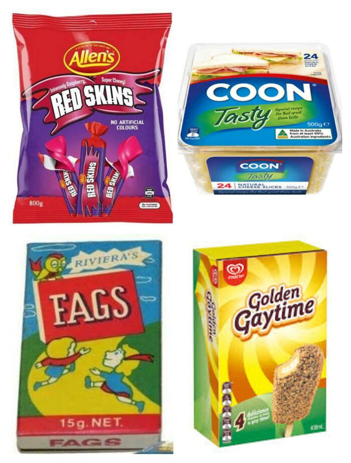 Various iconic Aussie treats: Allen's Red Skins, C**n Tasty cheese, Riviera's F**s candy, and Golden Gaytime ice creams.