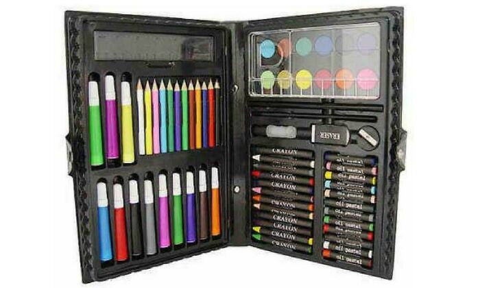 A black art supply case featuring markers, colored pencils, crayons, watercolors. A nostalgic Aussie memory for many.