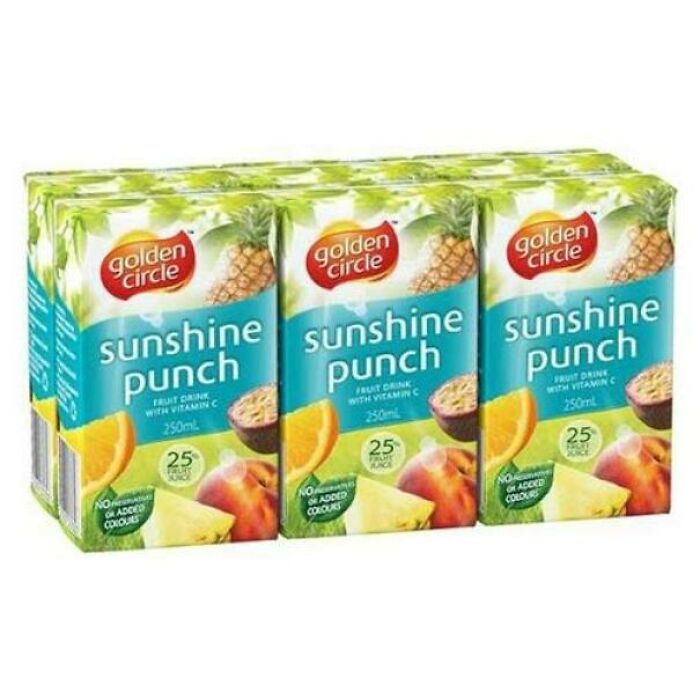 Golden Circle Sunshine Punch cartons, bringing back nostalgic Aussie memories of refreshing drinks.