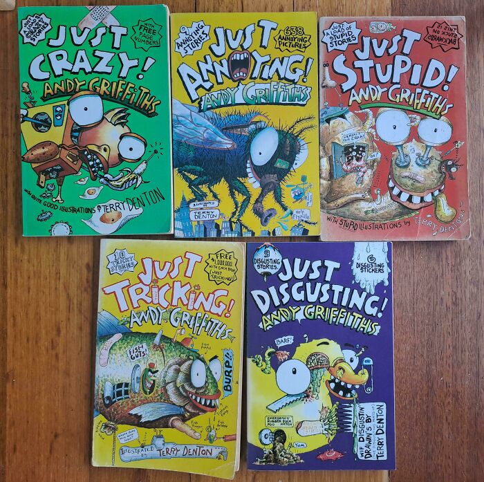 A collection of Andy Griffiths' Just! books, triggering nostalgic Aussie memories of reading adventures.