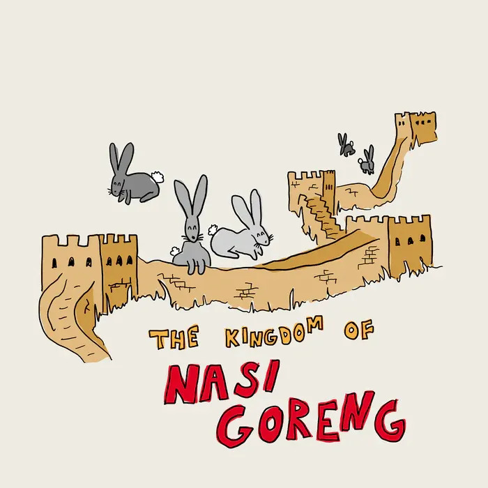 Illustration of rabbits on a wall with text 'THE KINGDOM OF NASI GORENG' evoking Aussie memories.