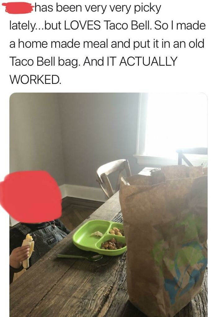 A parent's clever hack to make a picky kid eat a homemade meal using a Taco Bell bag.