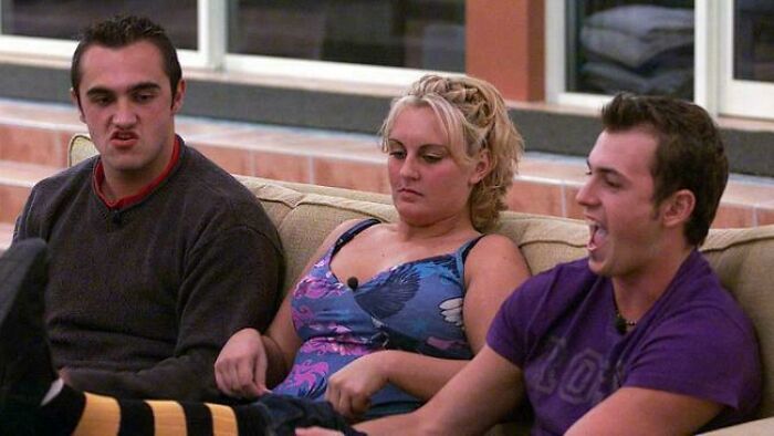 Three young adults on a couch, a nostalgic Aussie memory from reality TV that brings back Australian pop culture.
