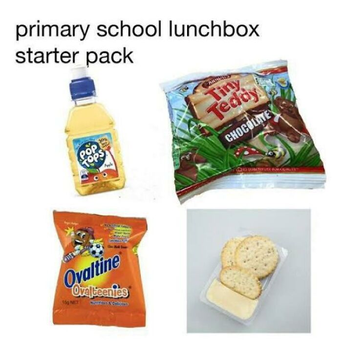 A primary school lunchbox starter pack, including Pop Tops, Tiny Teddy, Ovaltine, and crackers, a nostalgic Aussie memory.