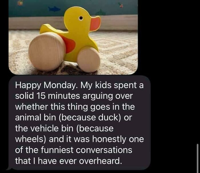 Text message about mischievous kids arguing over a wooden duck with wheels, making parents laugh.