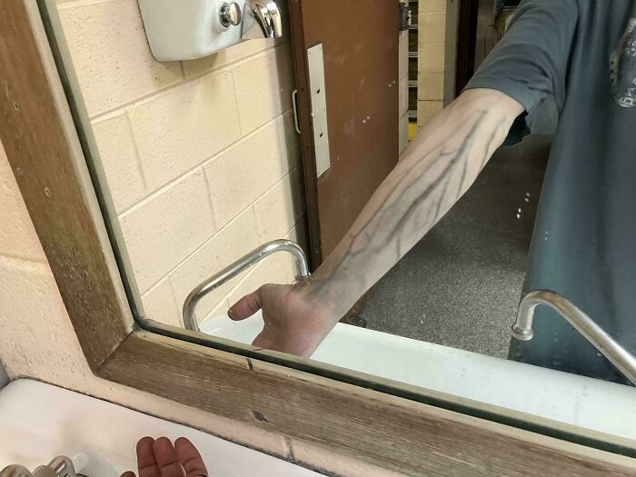 An arm reflected in a mirror with very prominent, dark blue veins, an unexpected body quirk.