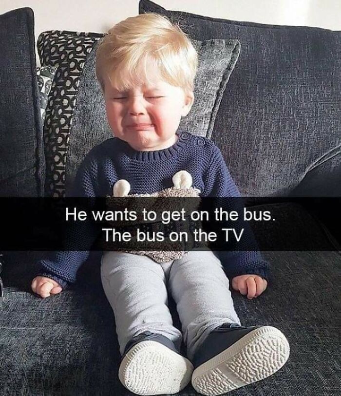 Hilarious kid crying on a couch, wanting to get on the bus he sees on TV, giving parents a headache.