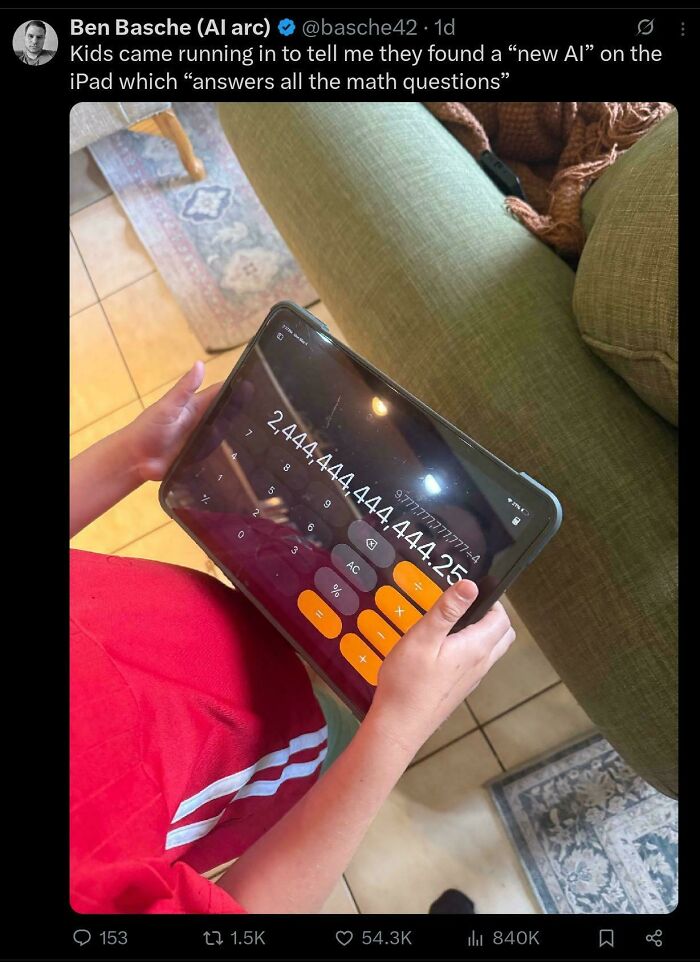 A kid holding an iPad displaying a large number on a calculator, a mischievous kid moment among hilarious kids.
